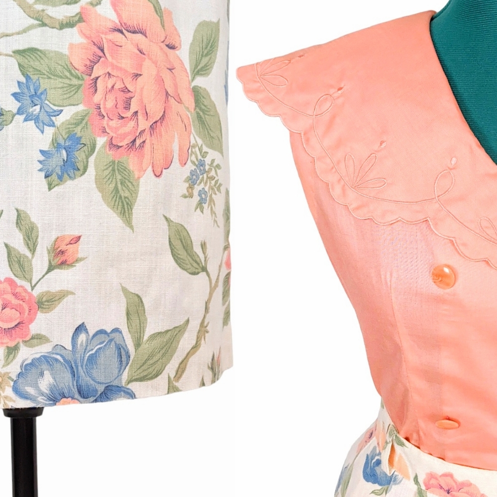 1980s Embroidered Cape Blouse Shirt & Floral Linen Skirt Set Jaclyn Smith Pink - Picture 3 of 10